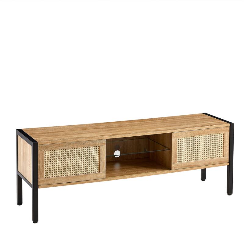 54.33" Rattan TV cabinet with variable color light strip, double sliding doors for storage, adjustable shelf, metal legs