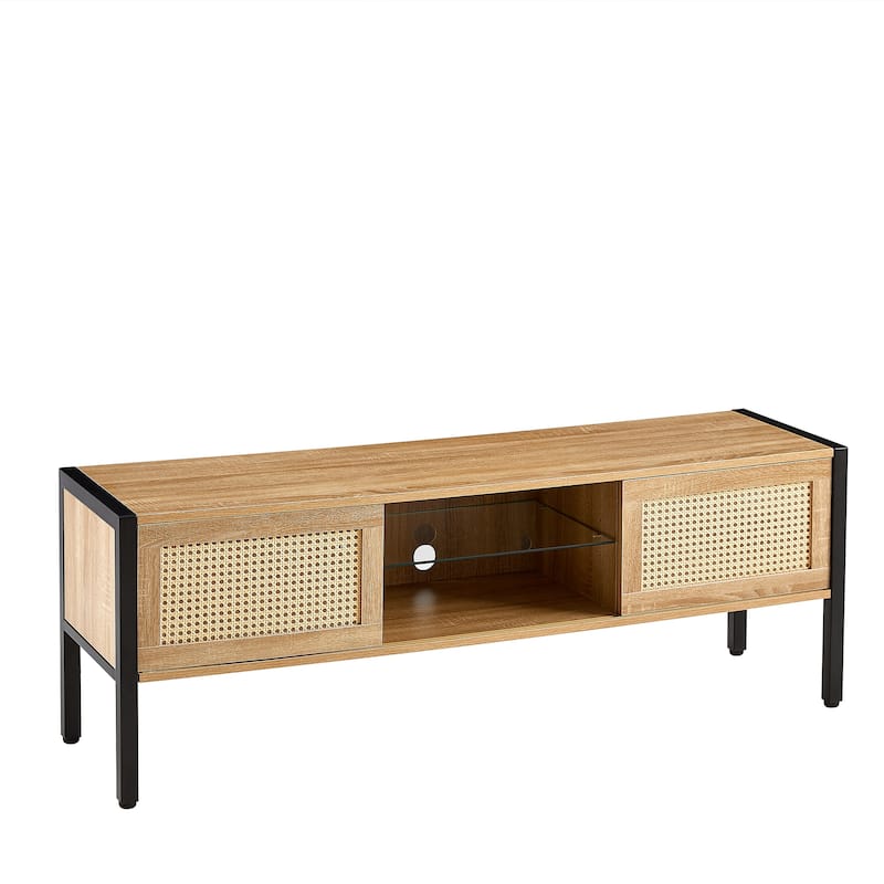 54.33"Rattan TV cabinet with variable color light strip,double sliding doors for storage,adjustable shelf,metal legs,TV console