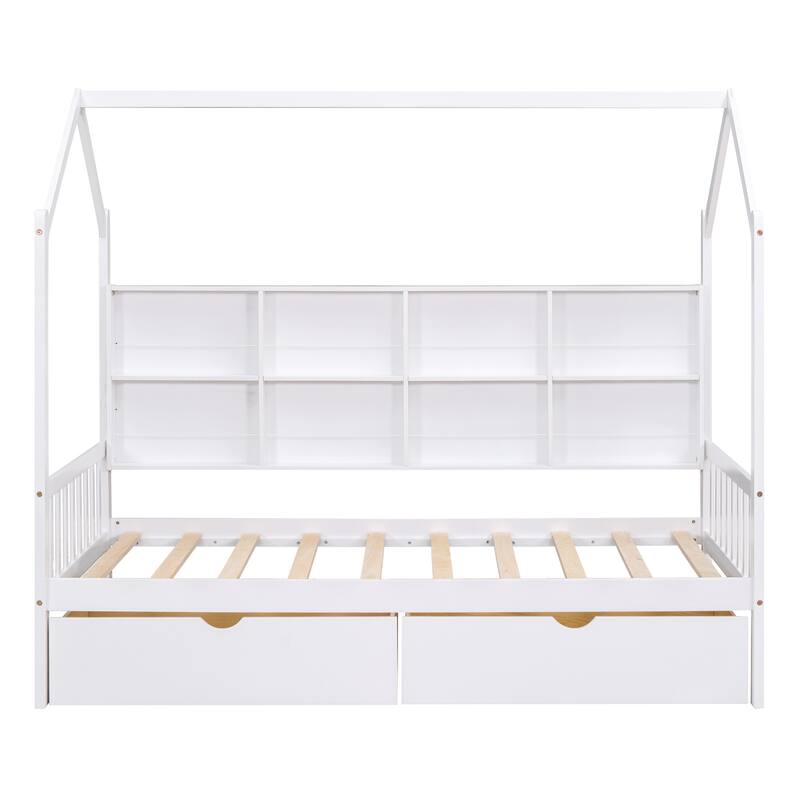 Twin Size Wooden House Bed with 2 Drawers and Storage Shelf, Kids Bed with Roof Design