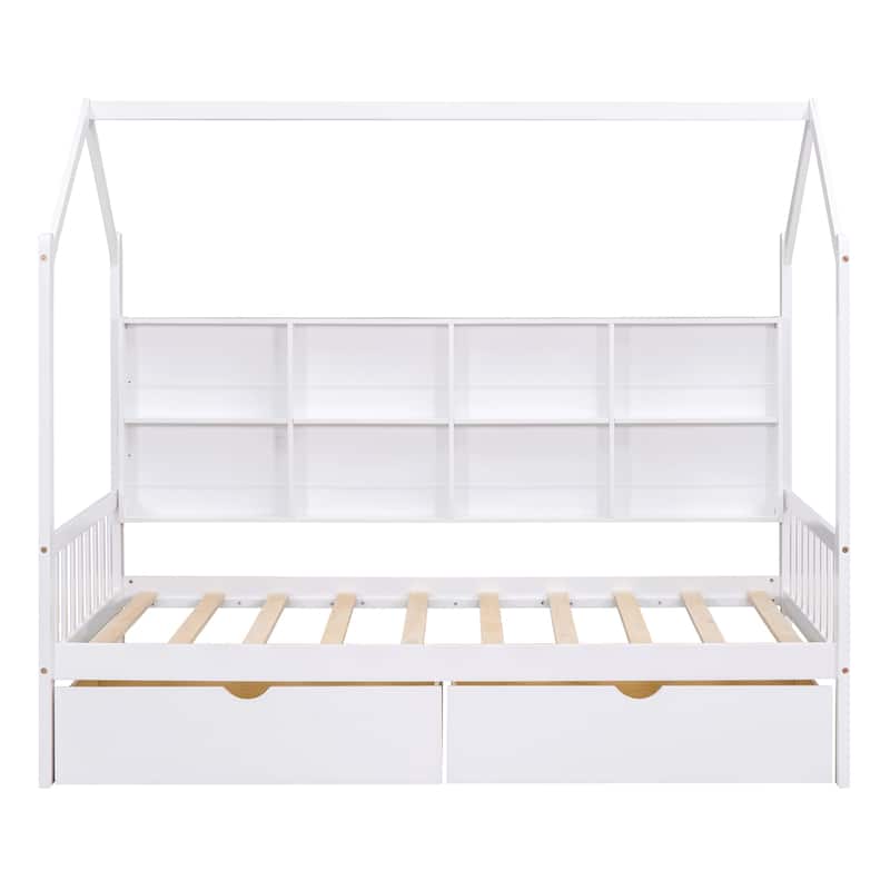 Wooden House Bed with 2 Drawers, Kids Bed with Storage Shelf