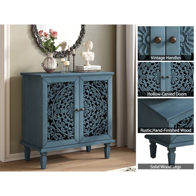 Roomfitters 2-Door Hollow-Carved Accent Cabinet, Symmetrical Floral Sideboard with Adjustable Shelf