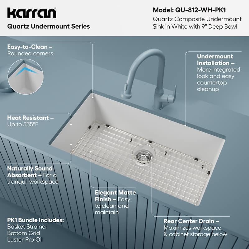 Karran Undermount 32.5 in. Large Single Bowl Quartz Kitchen Sink Kit