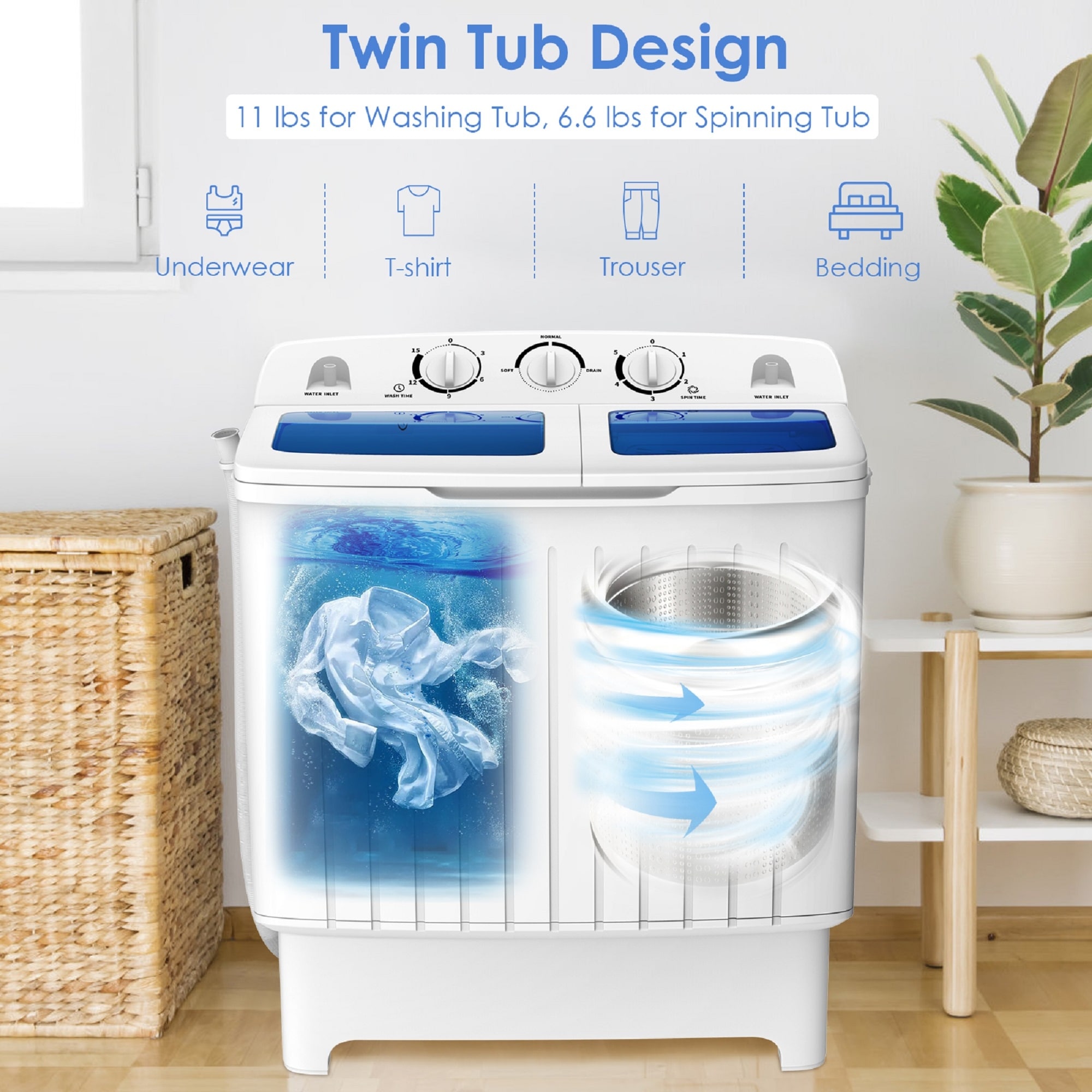 Costway Portable Mini Compact Twin Tub 20lb Washing Machine Washer - On  Sale - Bed Bath & Beyond - 15633692