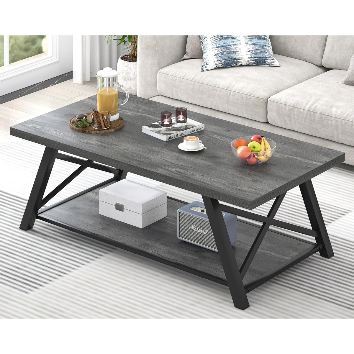 Rustic Grey 47" Wood & Metal Coffee Table with Storage Shelf, Rectangle Living Room Center Table