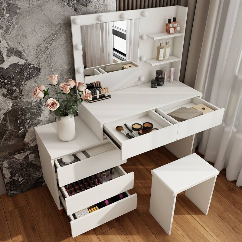 LED Light Makeup Vanity Table w/ Mirror,Drawers,Stool and Compartments