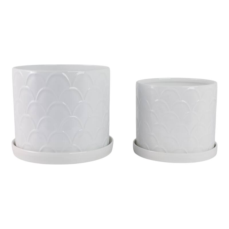 Ceramic Scallop Embossed Planters - Set of 2, 12",10", White - 11.75"