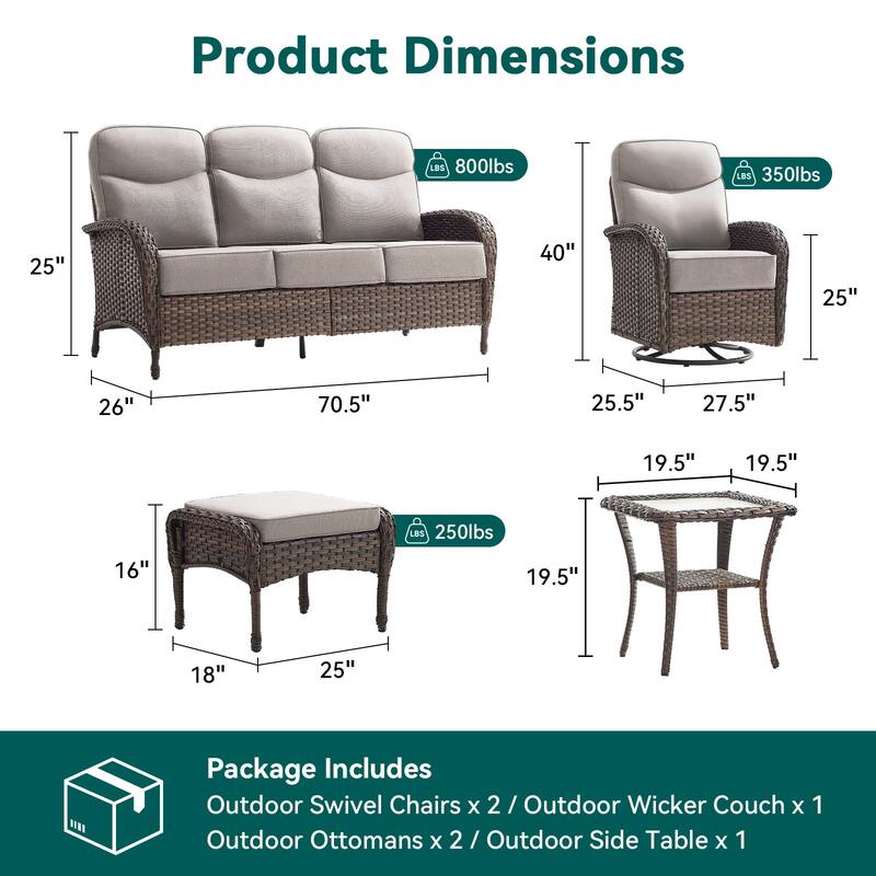 Pocassy Outdoor Sofa Swivel Chair and Ottman with Fire Pit Table