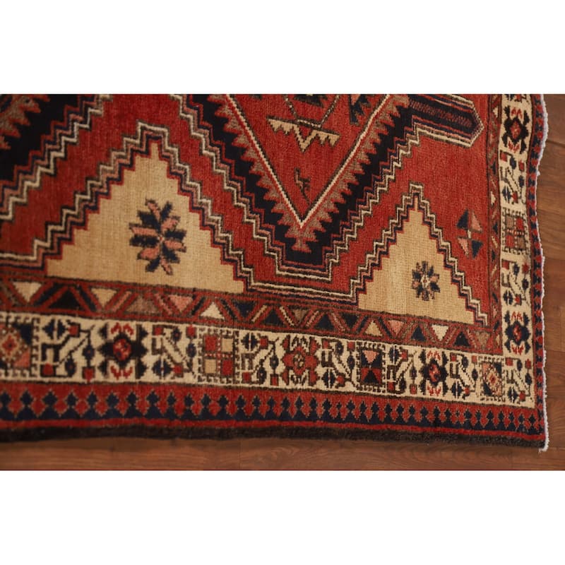 Geometric Red Ardebil Persian Vintage Runner Rug Handmade Wool Carpet - 3'6"x 10'7"