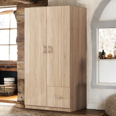 Wooden Wardrobe with Double Doors, Armoire with Hanging Rod, 5 Fixed Shelves, and Storage Drawer