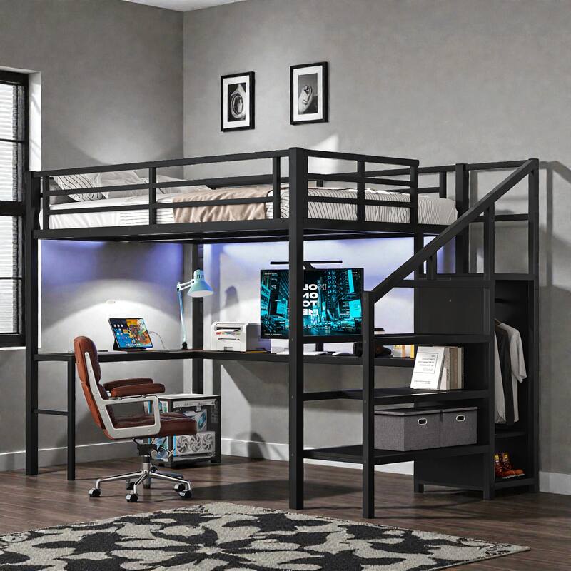 Full Size Metal Loft Bed with L-Shaped Desk, Wardrobe, USB & LED, High Loft Bed with Storage Staircase for Kids Teens Adults