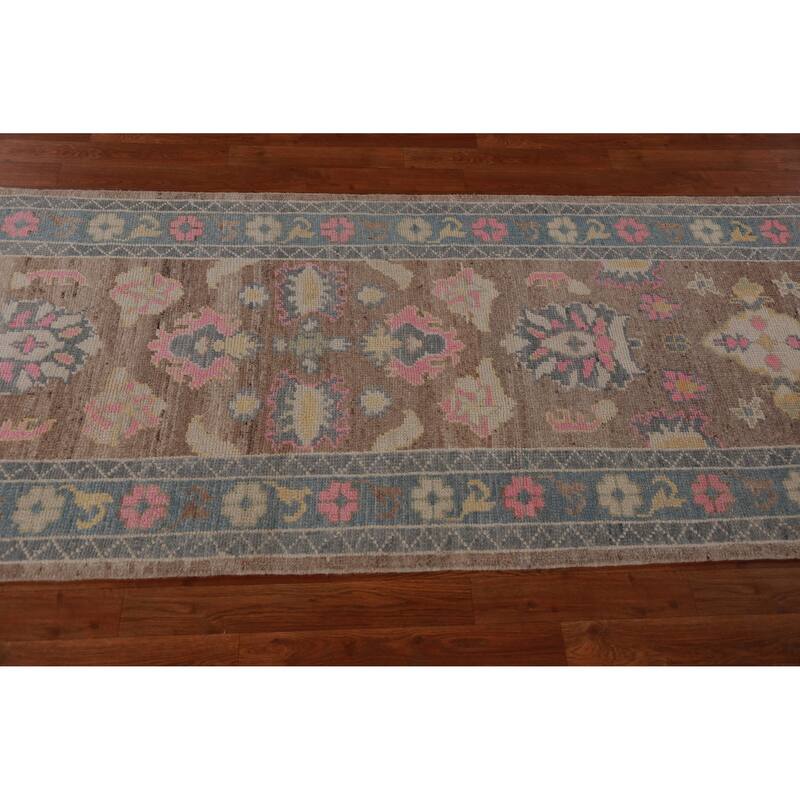 Hand Knotted Oriental 100% Wool Carpet Transitional Floral Brown Oushak Runner Rug - 14' 11'' X 3' 2''