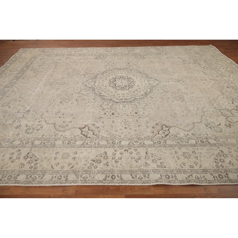 Hand Knotted Oriental 100% Wool Carpet Traditional Floral Beige & Ivories Tabriz Area Rug - 12' 4'' X 9' 10''