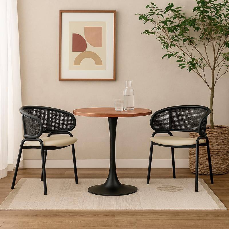 Bristol Mid-Century Modern Round Dining Table for 4 with MDF Top and Sleek Black Iron Base for Kitchen & Dining Room