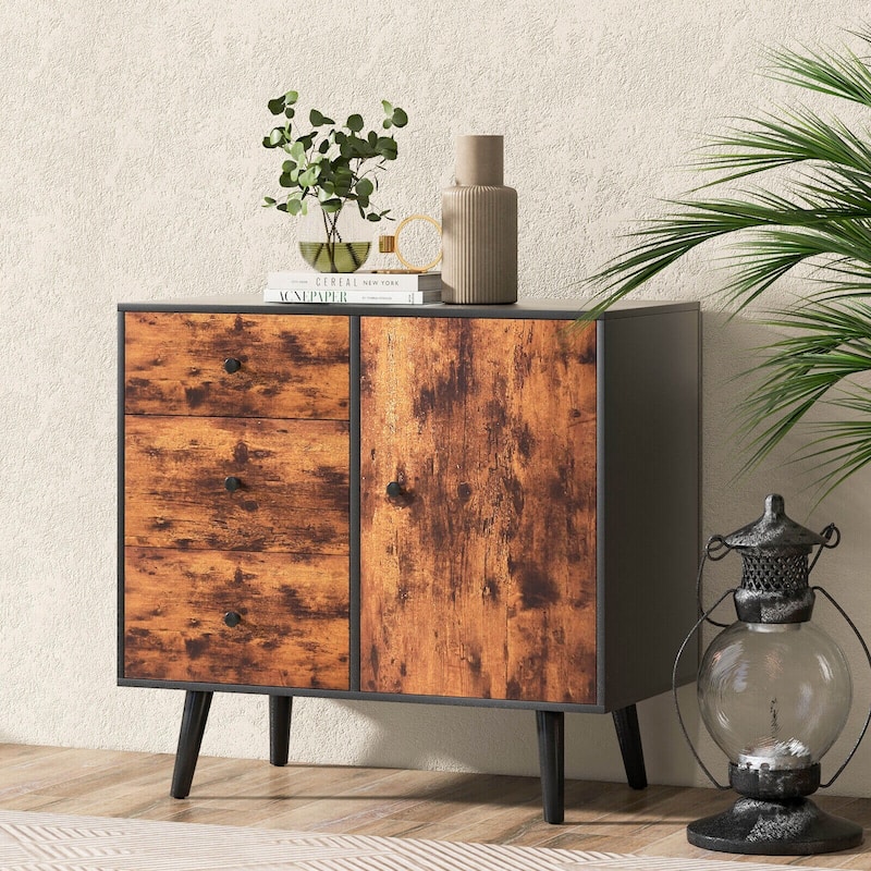 Mid-Century Wood Storage Cabinet with Door and 3 Drawers - 31" x 16" x 30" (L x W x H)