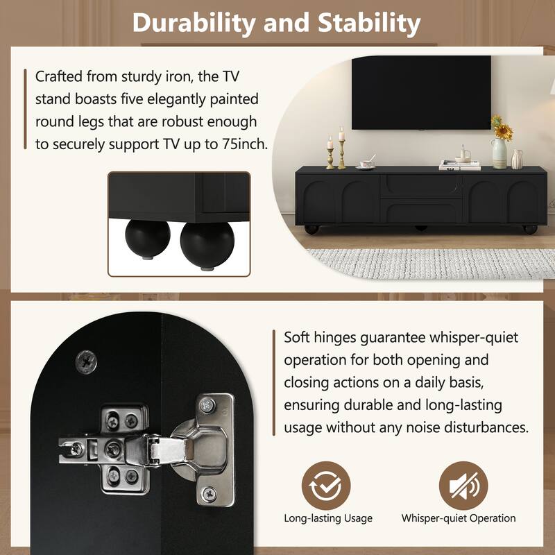 Cream Style TV Stand with Arched Doors and 2 Drawers, for TVs Up to 75" - 69.6" W × 15.7" D × 17.7" H