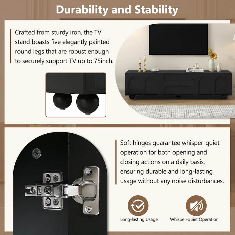 TV Stand with Arched Doors & 2 Drawers for TVs up to 75", Cream Media Console with Rebound Device and 5 Round Metal Legs
