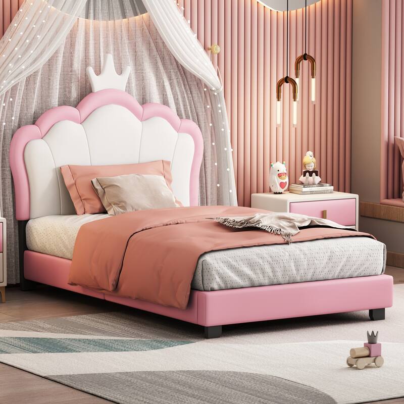 Full/Twin Size Upholstered Princess Bed With Crown Headboard, Full/Twin Size Platform Bed with Headboard and Footboard