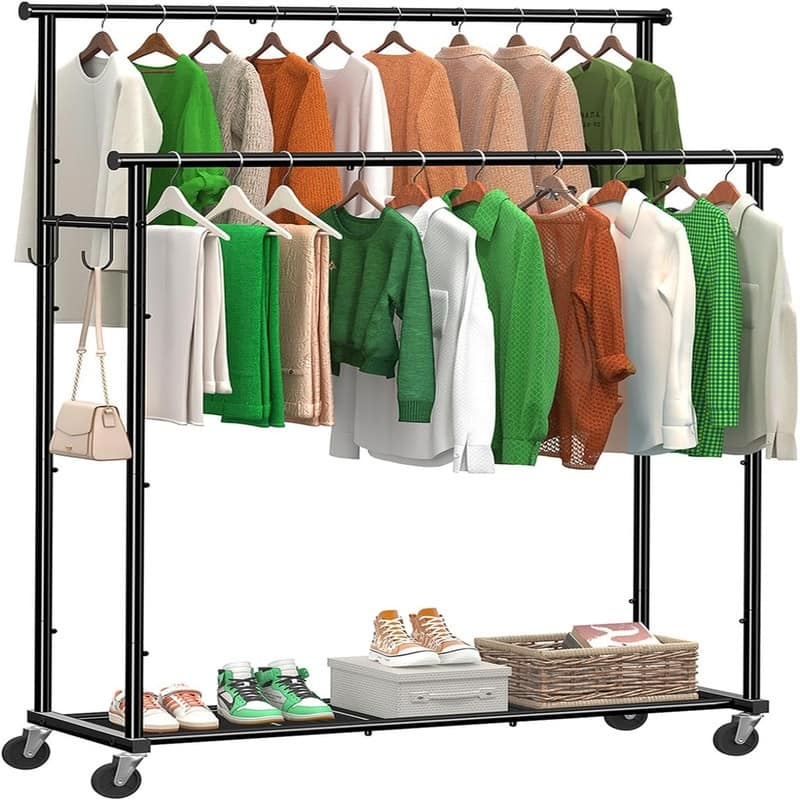 Double Rod Clothing Garment Rack on Wheels - 16.25"D x 45"W x 64.5"H - 16.25"D x 45"W x 64.5"H - Balck