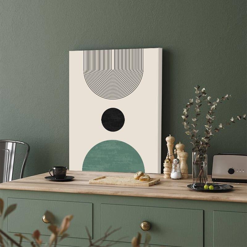 Minimalist Beige Green Sun Geometry Black Line Artwork Paintings