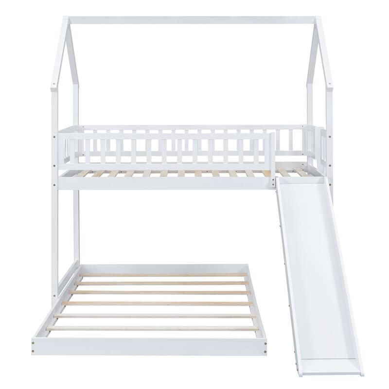 Twin Over Full House Bunk Bed with Slide and Built-in Ladder, Full-Length Guardrails
