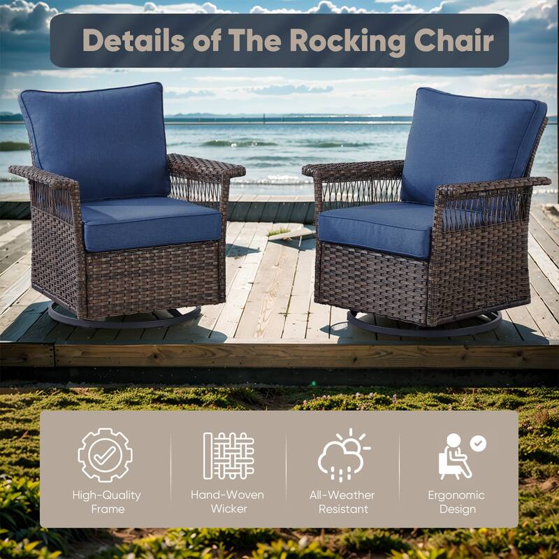 Rattan Wicker Swivel Rocker Chairs Sets - Brown