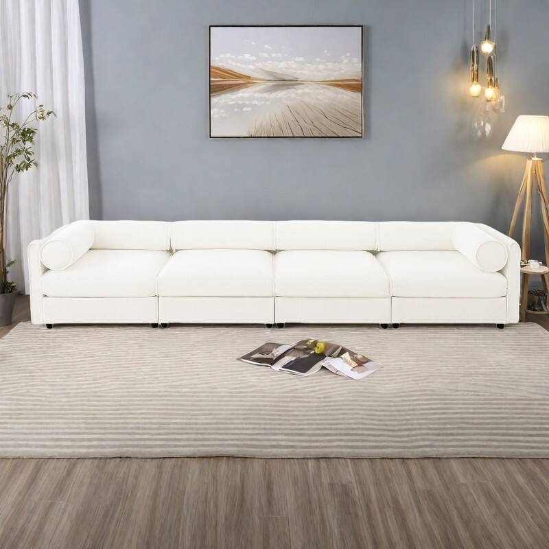142.5" 4-Seat Chenille Modular Sectional Sofa with Storage and Cylindrical Backrest - White