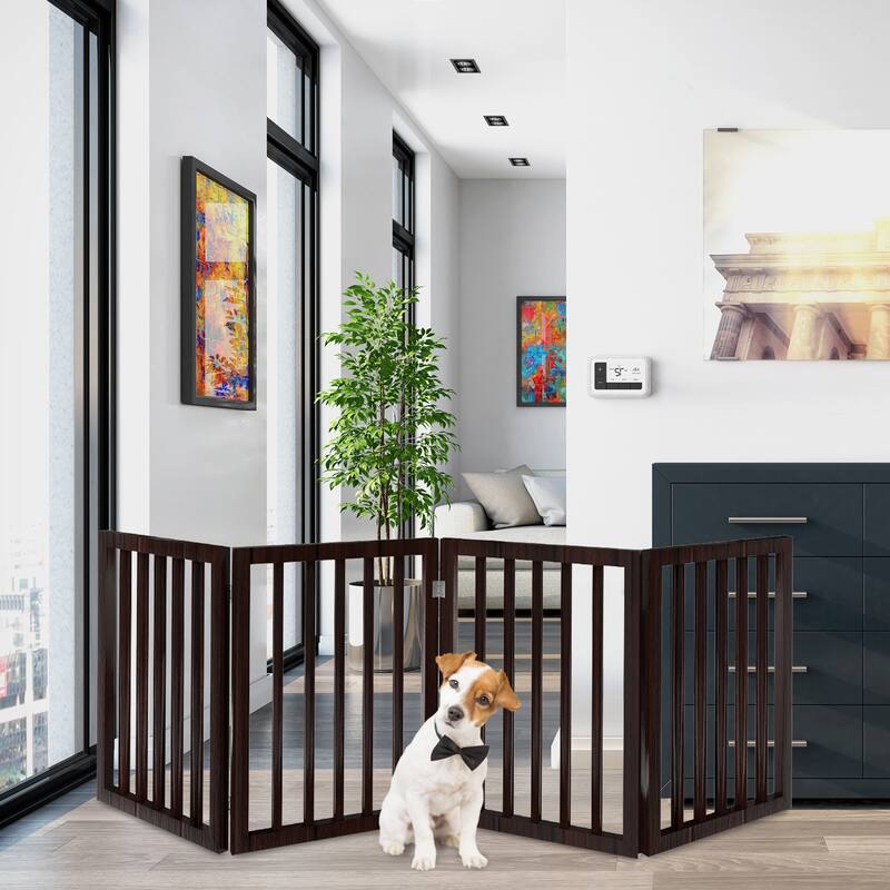 4-Panel Modern Indoor Foldable Dog Gate - 73x24-Inch MDF Freestanding Pet Fence - Brown