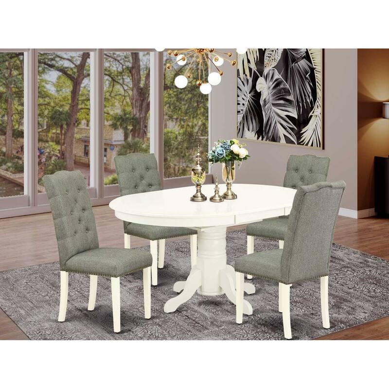 HomeStock 5-Piece Oval Linen White Finish Solid Wood Top Dining Table with 4-Parson Chair with Butterfly Leaf Lattice Back