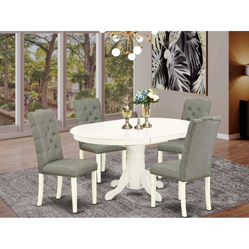 HomeStock 5-Piece Oval Linen White Finish Solid Wood Top Dining Table with 4-Parson Chair with Butterfly Leaf Lattice Back