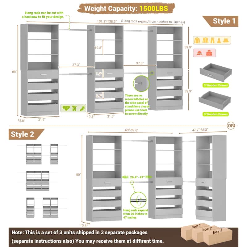 140'' Walk-in Closet Organizer System with 12 Drawers ＆ 4 Hanging Rods, 8.5-11.5FT Wooden Wardrobe Clothes Rack with 3 Towers
