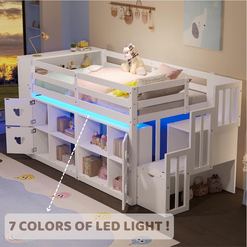 White Twin Size Low Loft Bed with Shelves, Storage Headboard, and Staircase