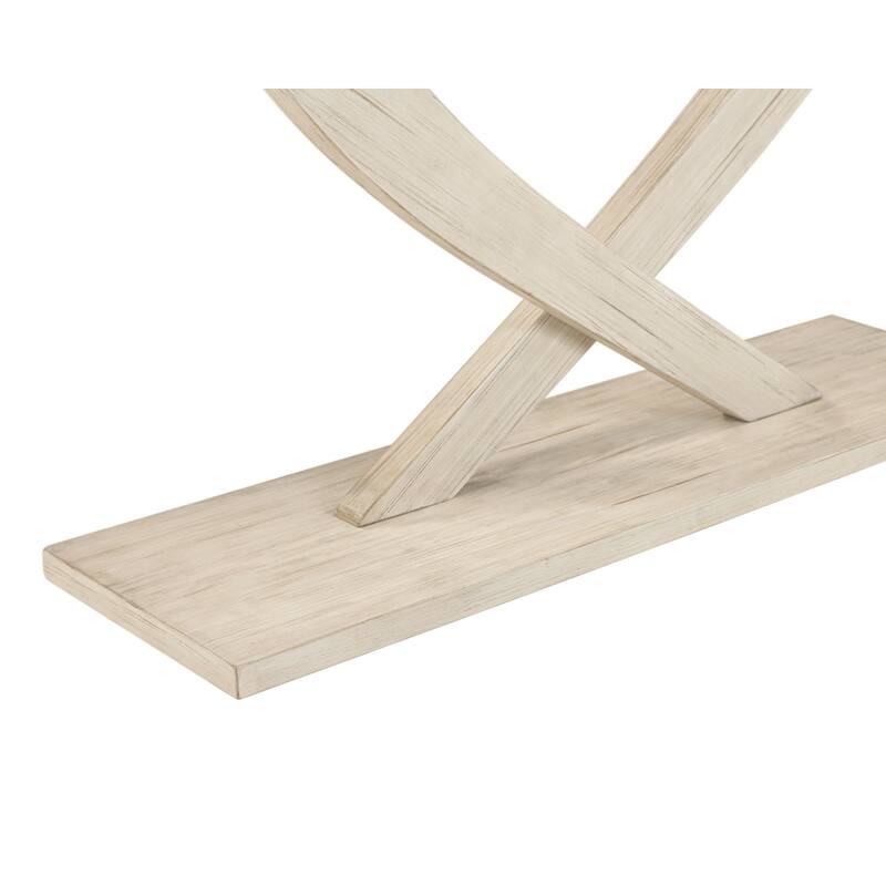 Rase 57 Inch Console Table, Cross Leg Design, Pedestal Base, Whitewash Wood