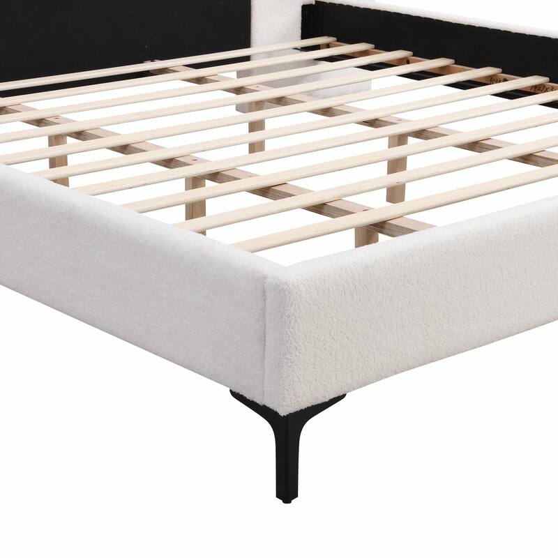 Chic Bouclé Upholstered Bed with Integrated Lighting and Shelves