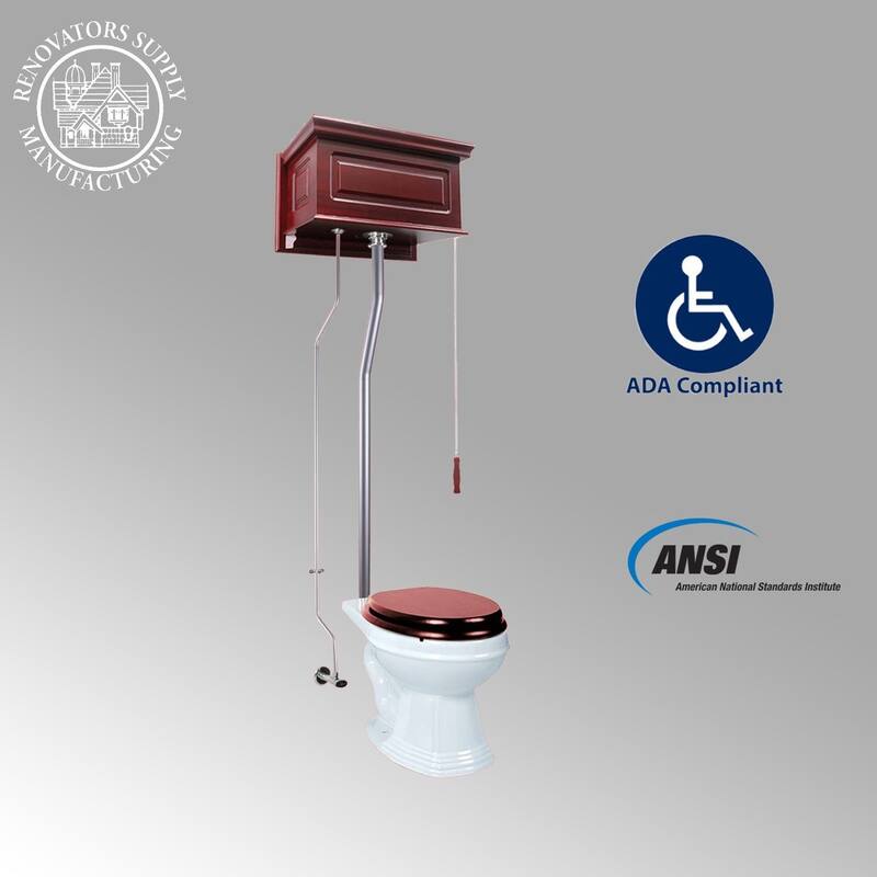 High Tank Toilet - Light Oak Wooden Flat Tank, White Elongated Bowl and Satin L Pipe Renovators Supply