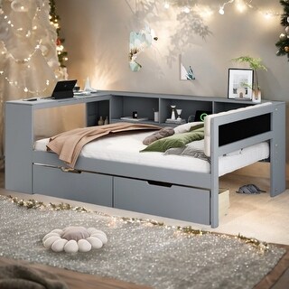 Grey Wood Full Size Platform Bed with Desk, Storage Shelves and Upholstered Headboard