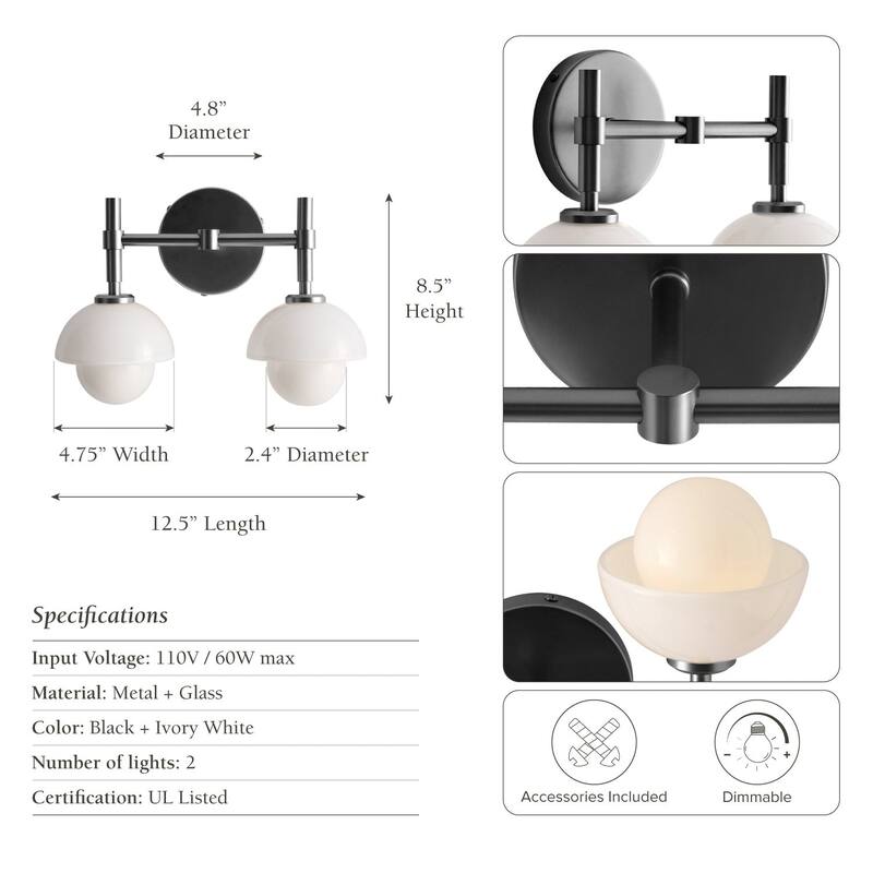 Modern Pod Double Armed Sconce Metal, Glass & Matte Black, Ivory White 2-Light Sconce for Bathroom or Bedroom in Modern Style