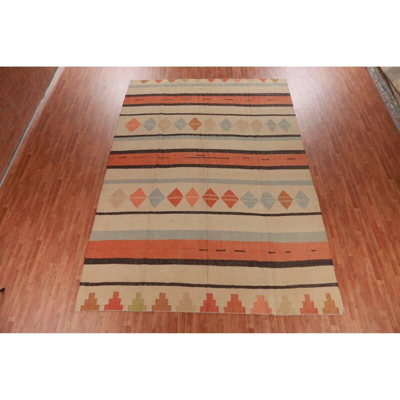Hand Woven Oriental 100% Jute Carpet Modern Stripe Beige & Ivories Kilim Area Rug - 14' 0'' X 10' 0''
