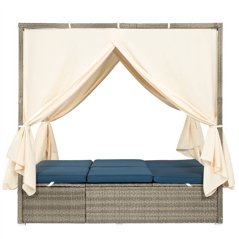 Outdoor Rattan Daybed with Adjustable Backrest and Curtains, Paio Sunbed Sun Lounger with Canopy and Removable Cushion