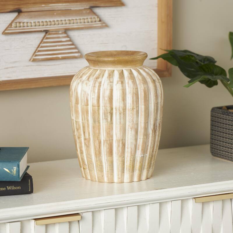 Mango Wood Distressed Decorative Vase with Carved Ridges - Light Brown - Roche River Decor