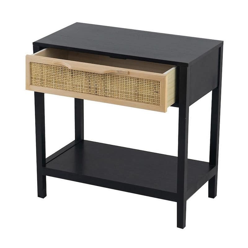 22 Inch Accent Side Table, Pine Wood, Woven Rattan, 1 Drawer - 22 H x 12 W x 22 L Inches