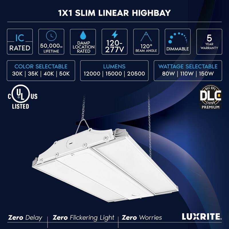Luxrite 14 Inch Linear High Bay LED Shop Lights 80/110/150W, Up to 20500 Lumens 4CCT 0-10V Dimmable 120-277V UL