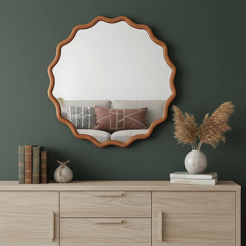 Wavy Round Solid Wood Frame Decorative Mirror - Antique Brown