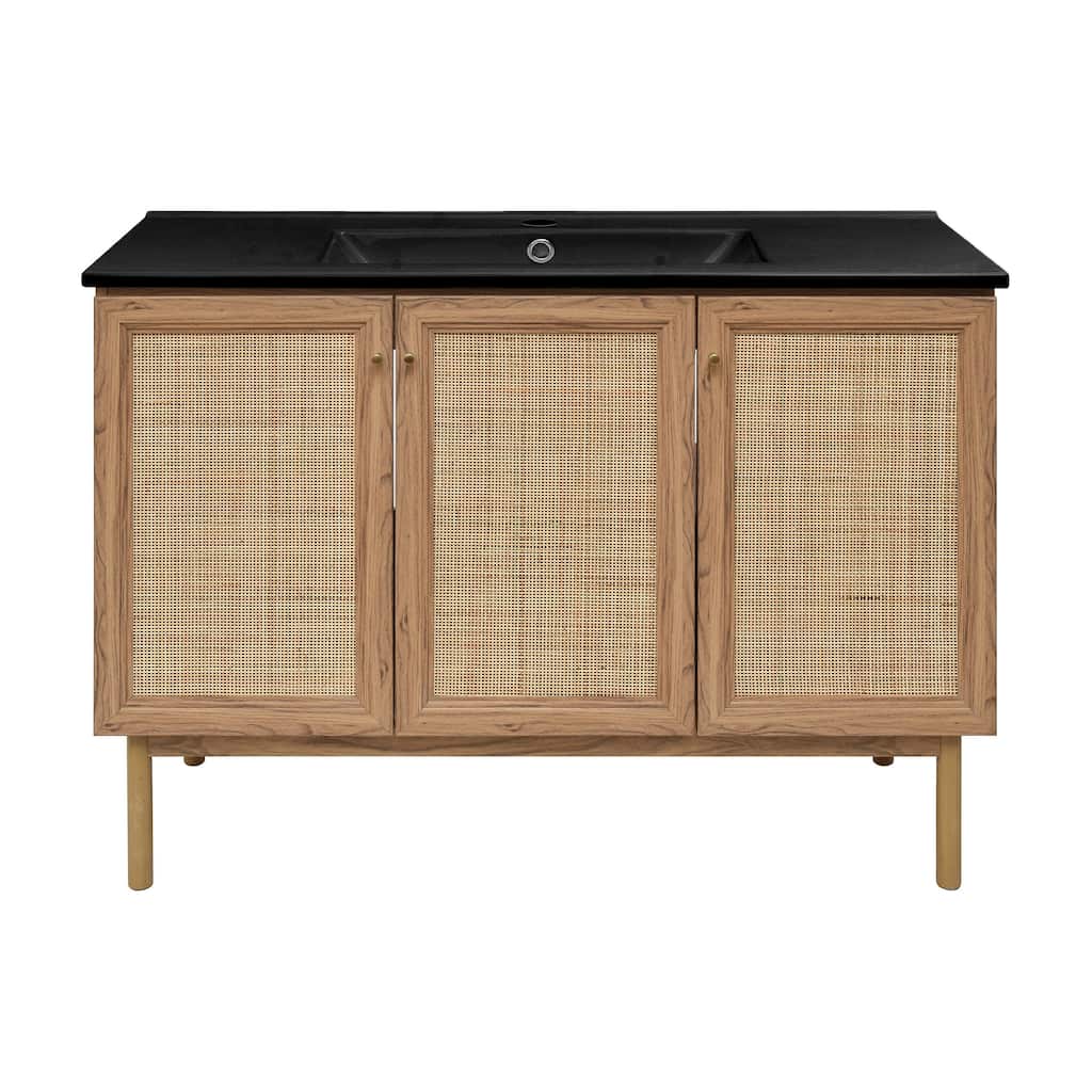 Classe 48 In. Brown Oak Bathroom Vanity With Black Ceramic Sink Top