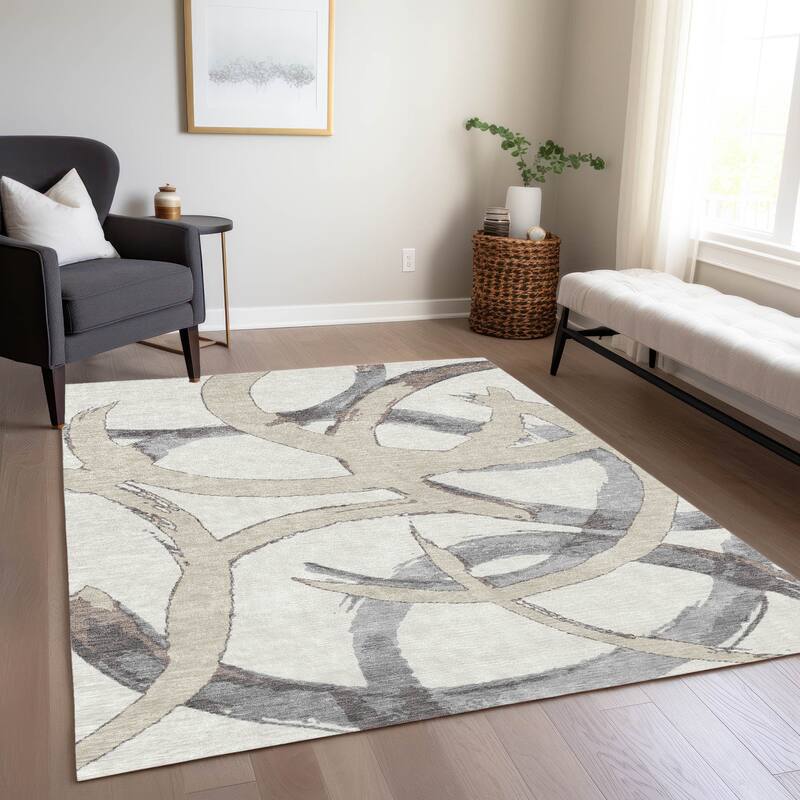 Machine Washable Indoor/ Outdoor Abstract Contemporary Chantille Rug