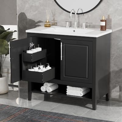 30 Inch Bathroom Vanity With Ceramic Sink, Bathroom Storage Cabinet With 4 Drawers & 2 Doors, Solid Wood Frame Bathroom Vanities, Easy Assembly