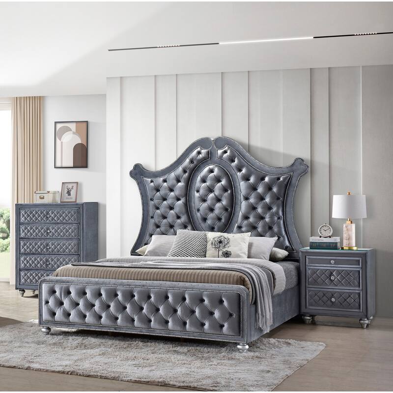 Luxury Upholstered Nightstand, Bedside Storage Cabinet with Velvet Tufted Drawer, Sofa Side Table with Tempered Glass Top