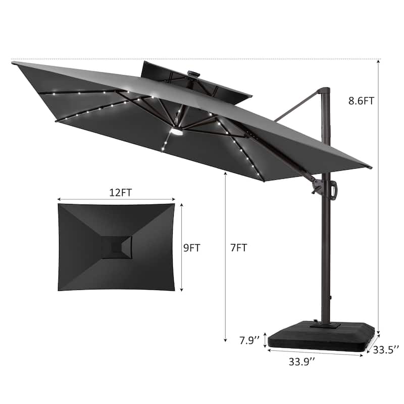 12 x 9 FT Outdoor Patio Aluminum Cantilever Umbrella with Solar Lights Double Canopy with Base