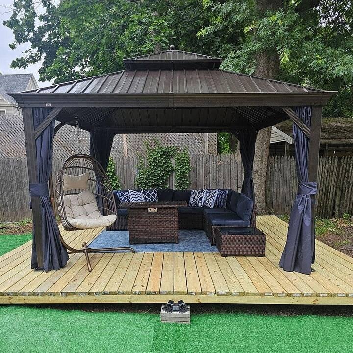 PURPLE LEAF Hardtop Aluminum Gazebo with Curtains and Netting, Double Roof Patio Gazebo