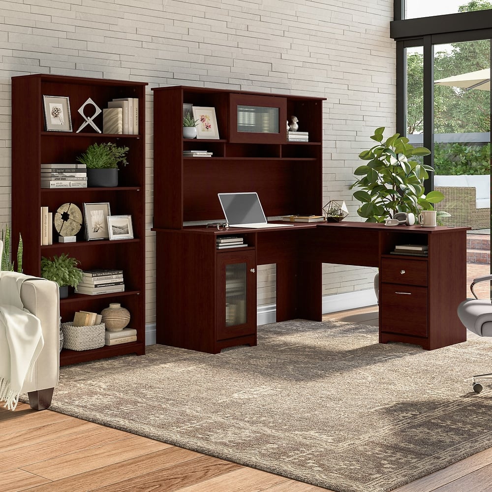 Cabot 60W L-Desk with Hutch and 5 Shelf Bookcase by Bush Furniture