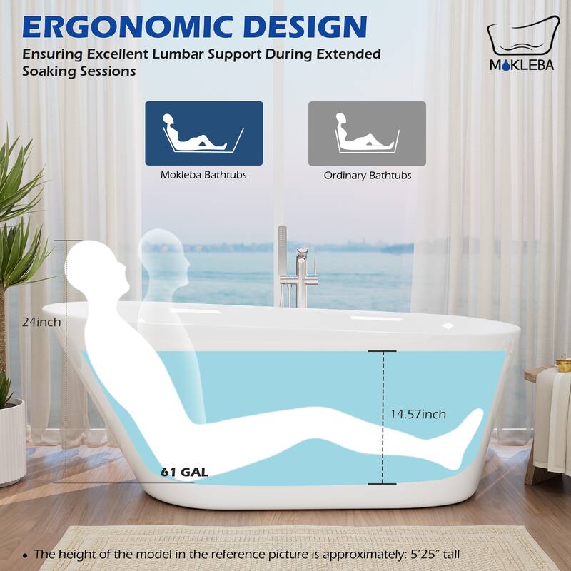 Freestanding Slipper Soaking Acrylic Bathtub with Chrome Drain and Pearl-Shape Overflow - 62” - White